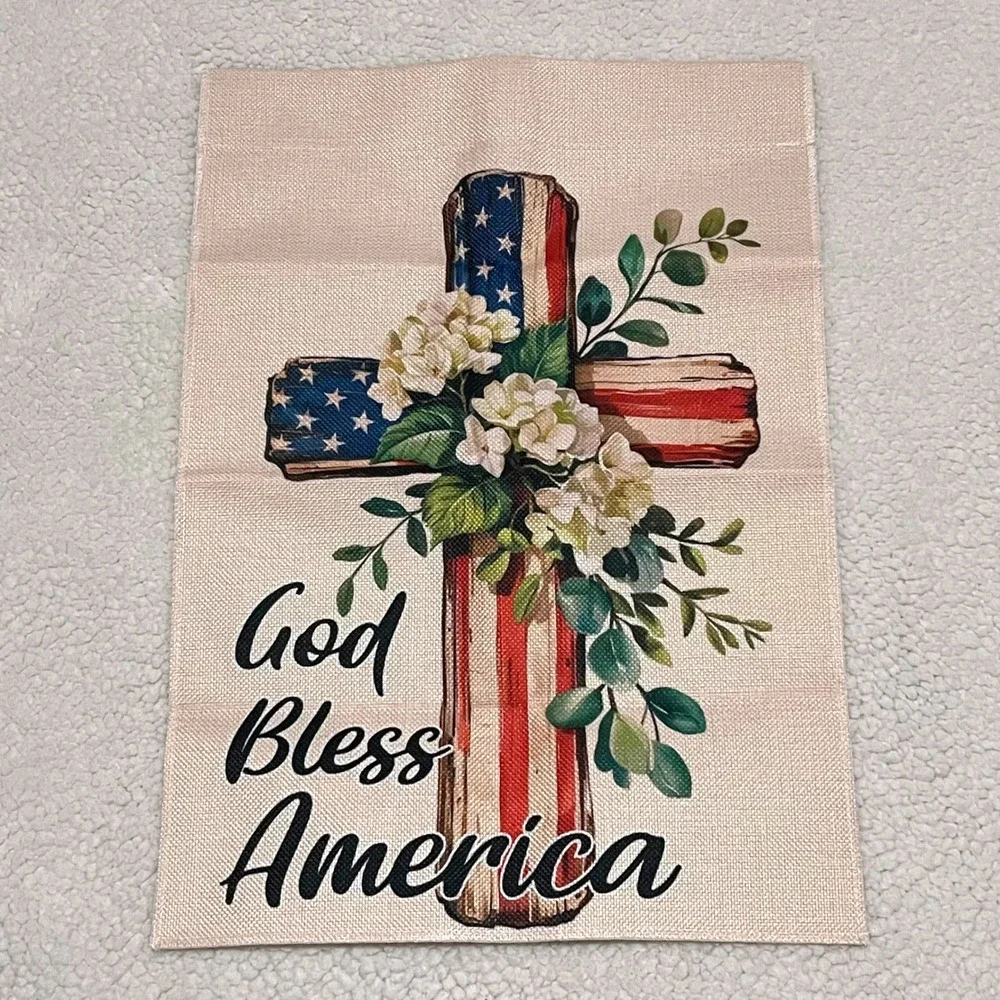 God Bless America Patriotic Garden Flag American Flag Cross Burlap 12x18